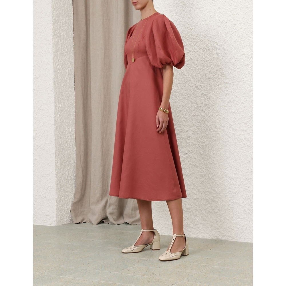 Zimmermann NWT Midi Linen Day Dress Puff Sleeve in Lipstick Size 2P